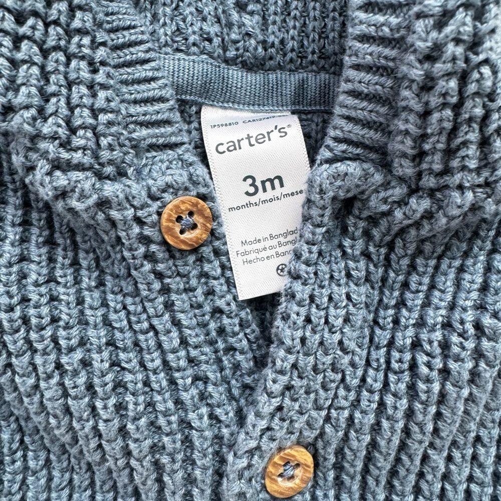 Carter's Baby Boy Knit Hoodie Cardigan Hooded Cotton Cardigan Blue Size 3 Months - Picture 4 of 5